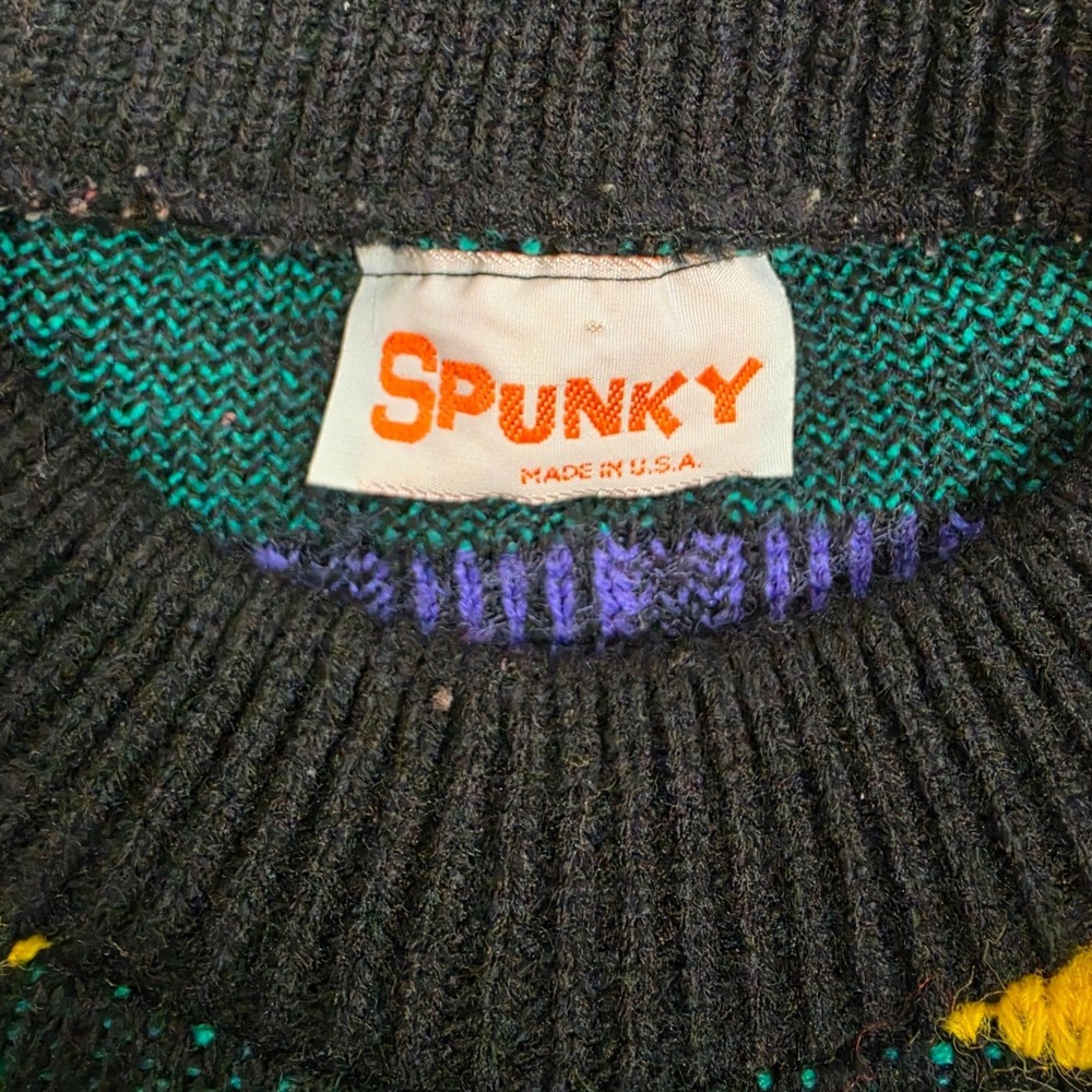 Vintage Spunky Multi Color Block Knit Sweater Black Crewneck Made in USA - Picture 5 of 6